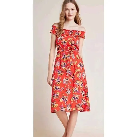 47 of 52 Conversations Anthropologie Floral Off Shoulder Midi Dress Womens 0 - Picture 1 of 12